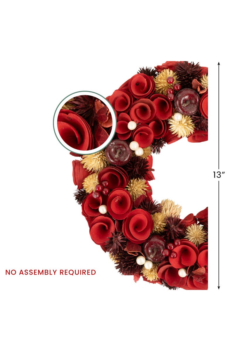Northlight Wooden Roses, Apples and Pearls Artificial Christmas Wreath - 13" - Unlit - Red, Alternate, color, Red