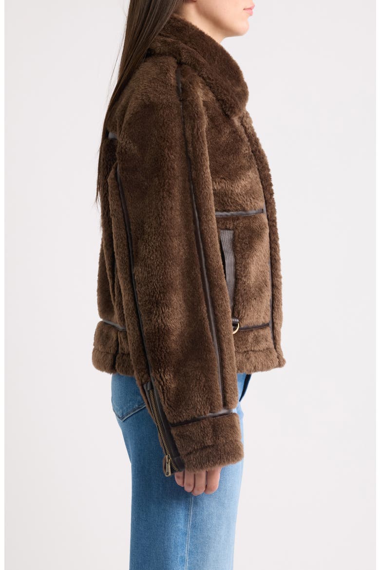 Faux Fur Jacket with Faux Leather Trim, Alternate, color, BROWN
