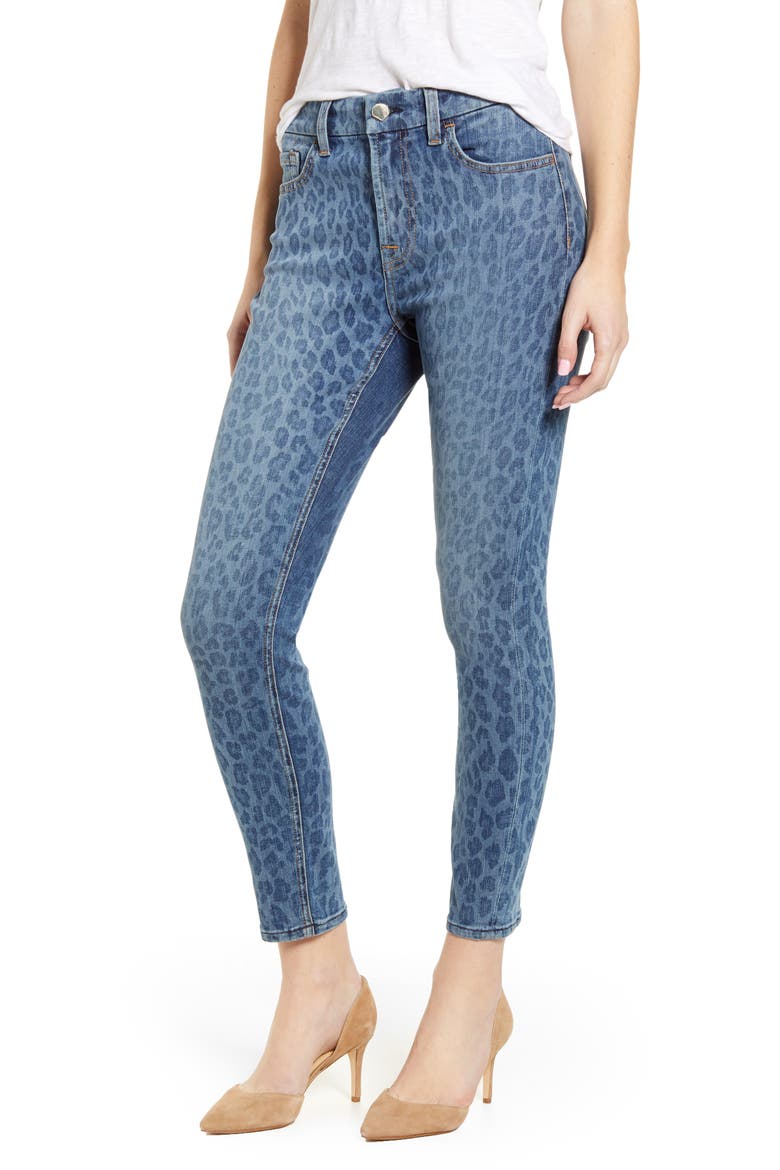 JEN7 High Waist Ankle Skinny Jeans, Main, color, INDIGO LEOPARD