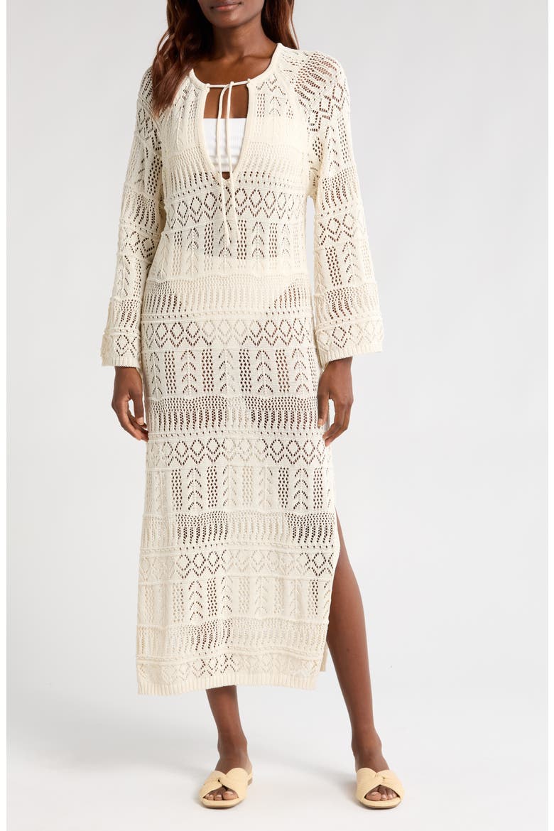 Lace Knit Long Sleeve Cover-Up Midi Dress, Main, color, NATURAL