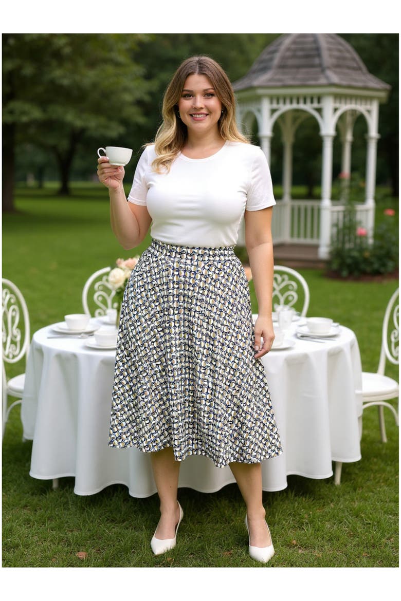 Plus Size Geometric Elastic Waist Pocket A-Line Midi Skirt, Alternate, color, Green Multi