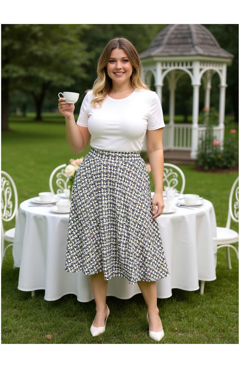 24seven Comfort Apparel Plus Size Geometric Elastic Waist Pocket A-Line Midi Skirt, Alternate, color, Green Multi