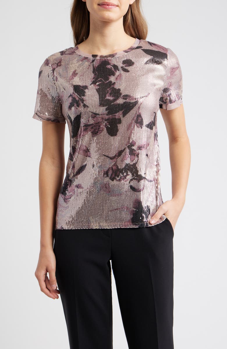 Anne Klein Floral Print Sequin T-Shirt, Main, color, 