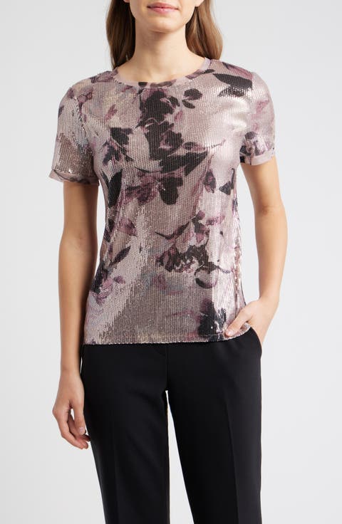 Floral Print Sequin T-Shirt (Regular & Petite)