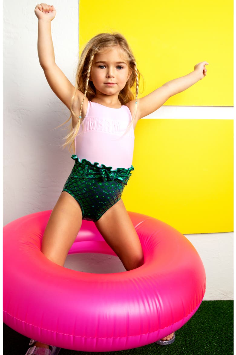 Mermaid One-Piece Swimsuit, Alternate, color, PINK/ GREEN