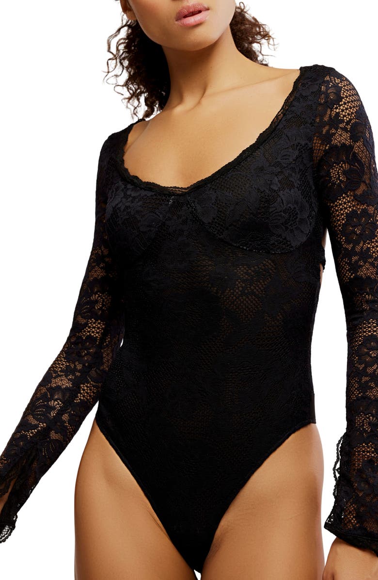 Free People Perfectly Fine Long Sleeve Lace Bodysuit, Alternate, color, Black