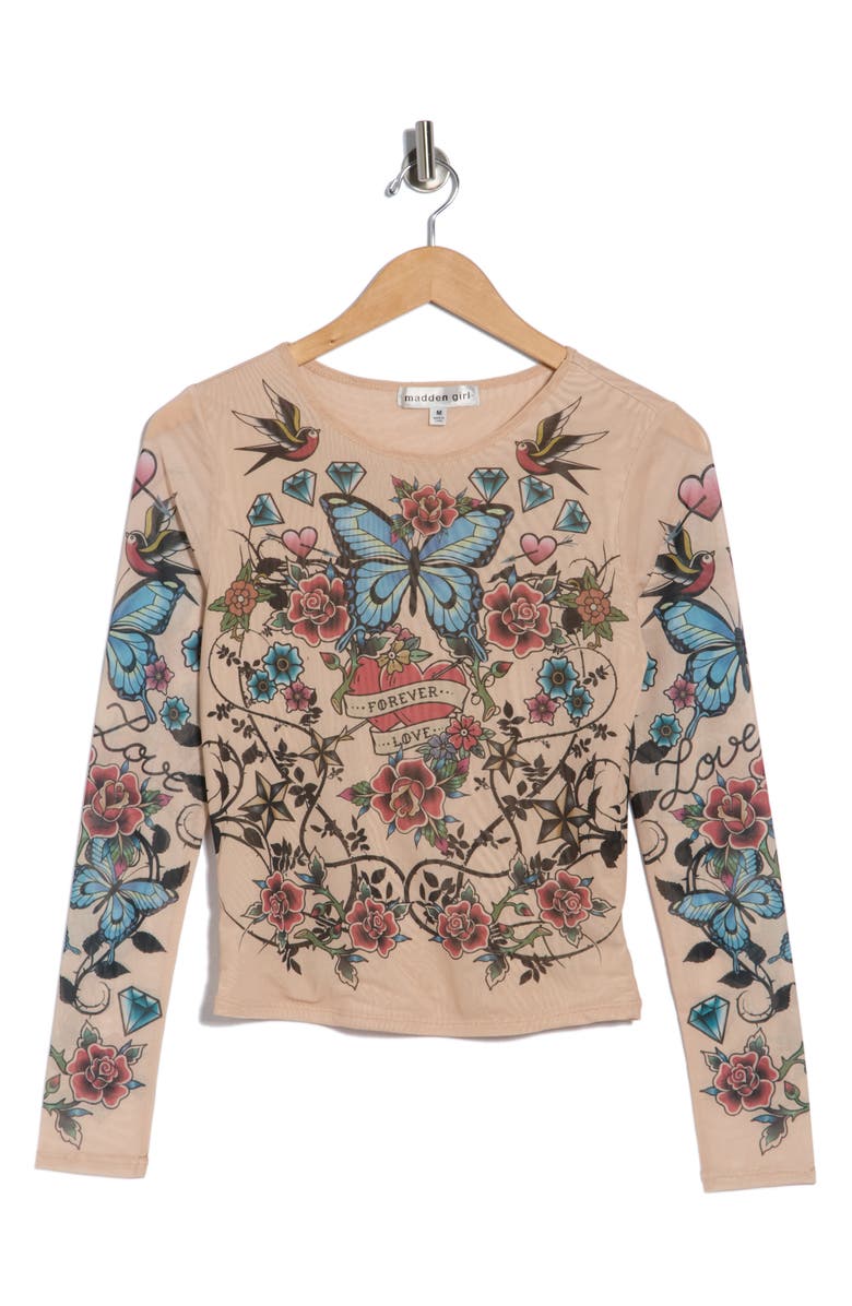 Madden Girl Tattoo Print Mesh Long Sleeve Top, Main, color, Nude Butterfly