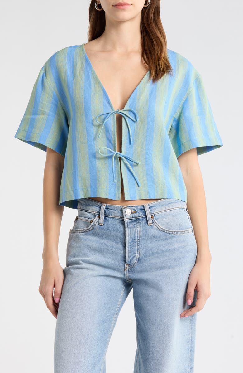STAUD Ava Stripe Tie Front Linen Top, Main, color, Seaport
