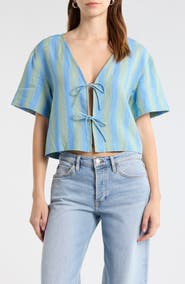 STAUD Ava Stripe Tie Front Linen Top