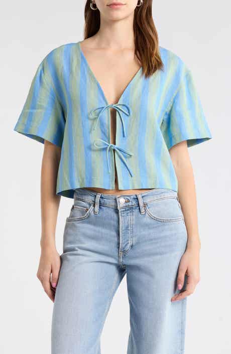 Ava Stripe Tie Front Linen Top