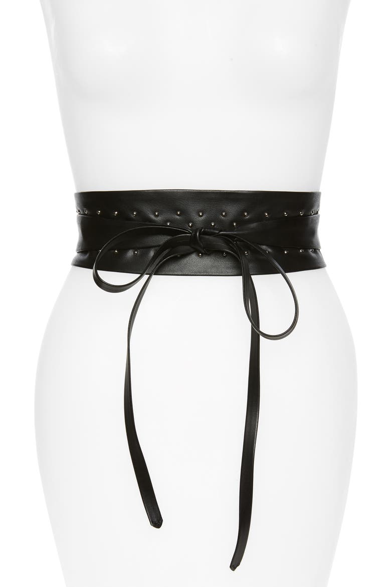Studded Faux Leather Obi Belt, Main, color, BLACK
