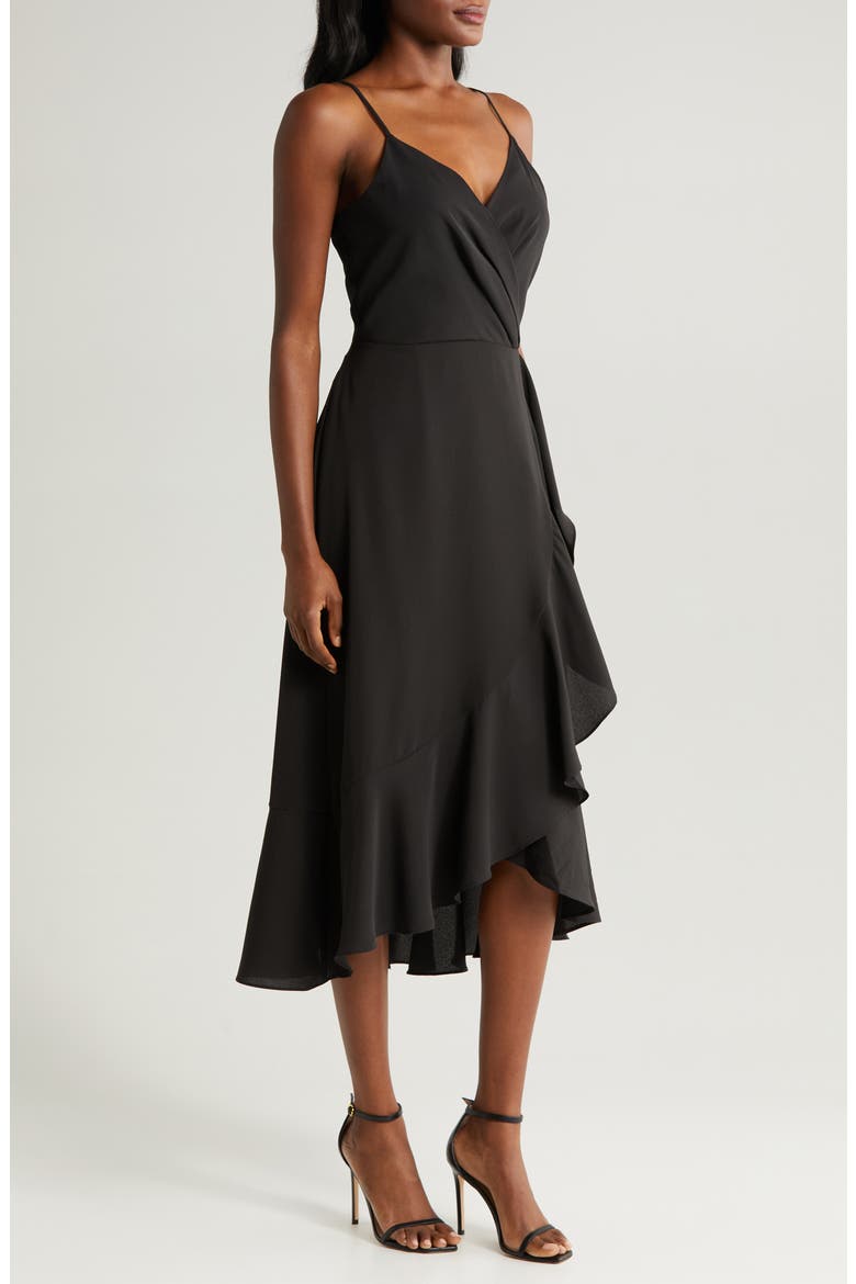 Faux Wrap Midi Dress, Alternate, color, BLACK