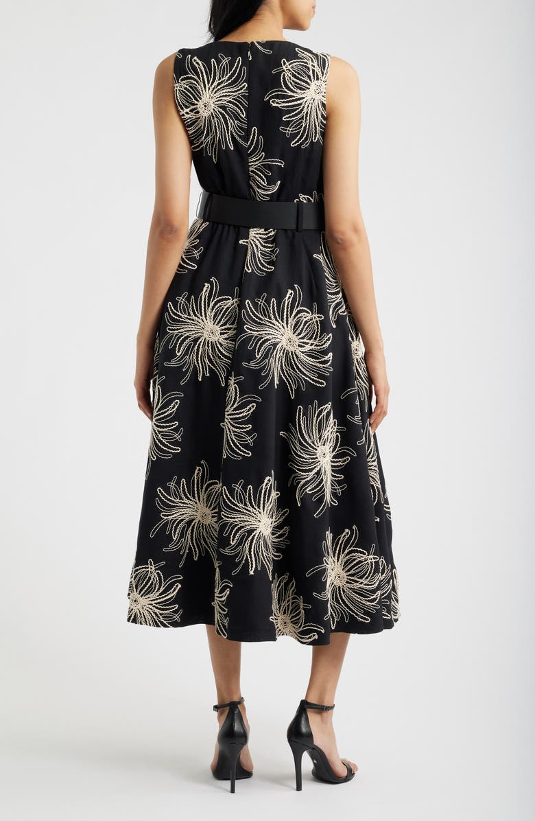 Anne Klein Embroidered Belted Midi Dress, Alternate, color, Anne Black / Ivory