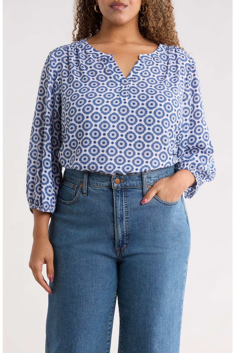 Split Neck Geo Print Top, Main, color, BLUE