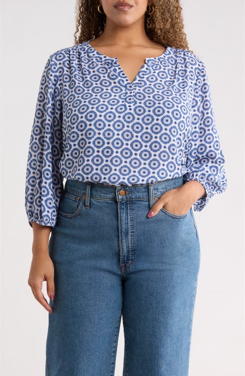 Split Neck Geo Print Top (Plus)