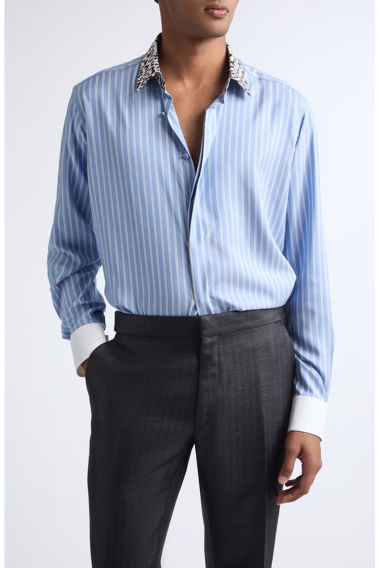 Contrast Collar Track Stripe Silk Button-Up Shirt, Main, color, SKY BLUE/ OFF WHITE