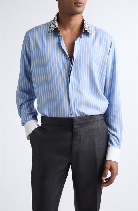 Contrast Collar Track Stripe Silk Button-Up Shirt