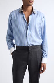 TOM FORD Contrast Collar Track Stripe Silk Button-Up Shirt