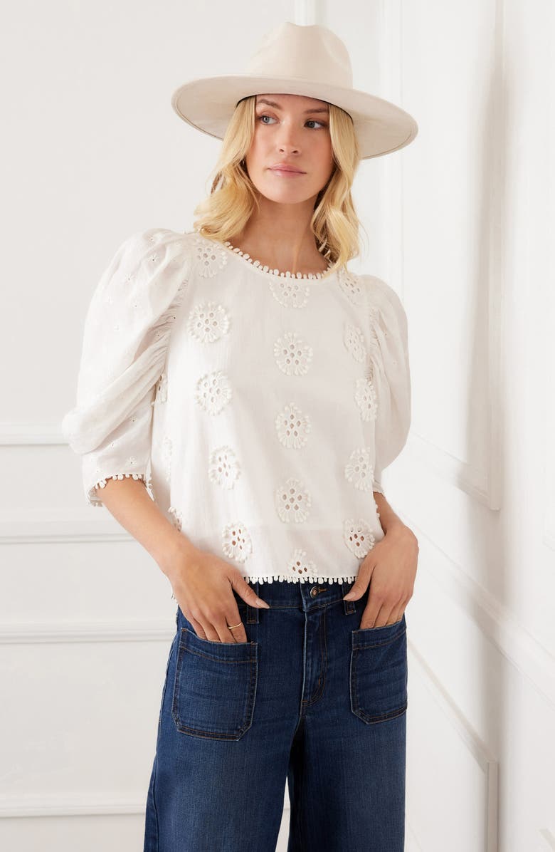 Karen Kane Embroidered Eyelet Cotton Puff Sleeve Top, Alternate, color, Off White