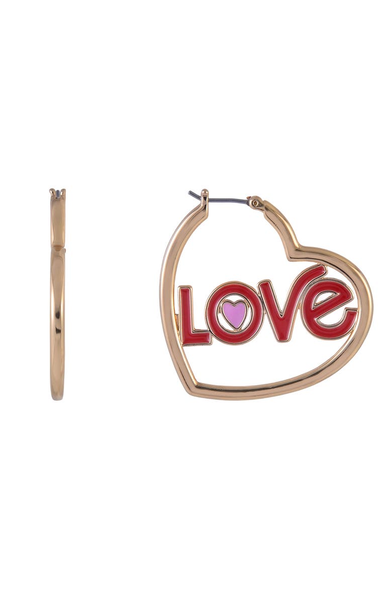Gold Tone Heart Shaped Hoop Earrings, Alternate, color, Red