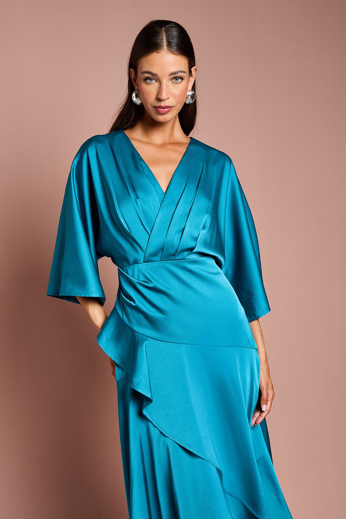 Satin Crepe Ruffle Wrap Midi Dress - image 2