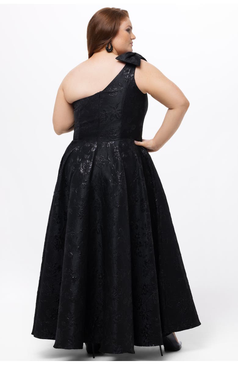 Celebrations by Sydney's Closet One Shoulder Brocade Plus Size Formal Dress with Bow, Alternate, color, Black/Black