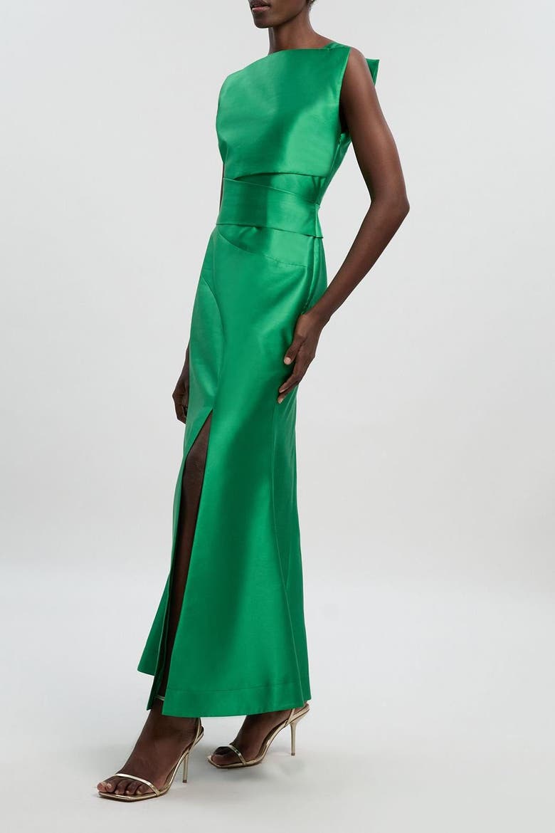 Satin Twill Draped Maxi Dress, Alternate, color, Green