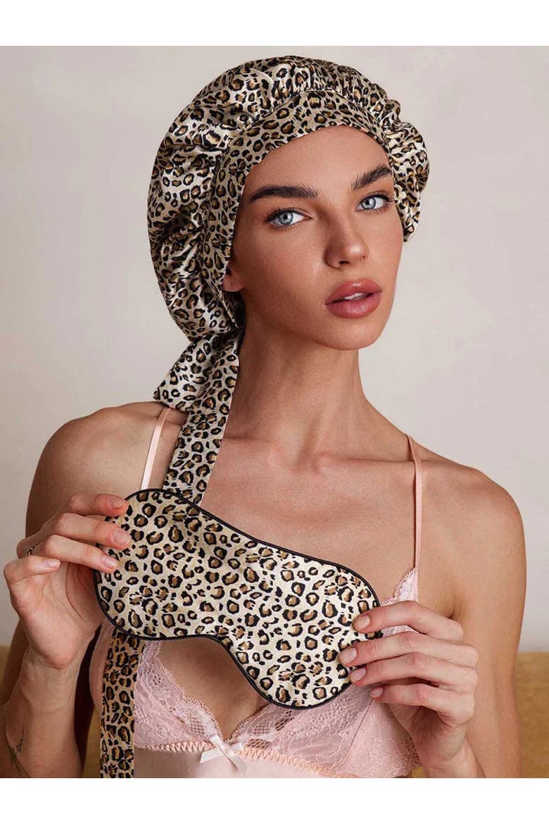 Pure Silk Bonnet+Eye Mask Set, Alternate, color, Leopard