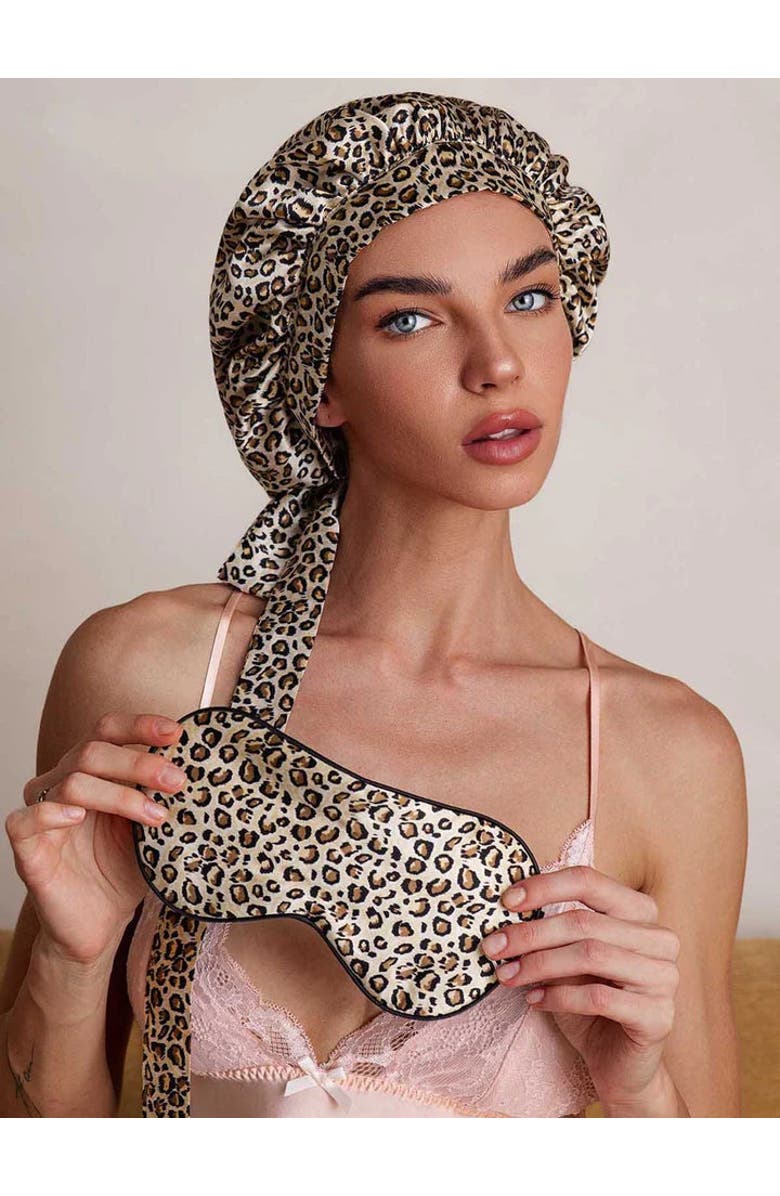 SILKSILKY Pure Silk Bonnet+Eye Mask Set, Alternate, color, Leopard