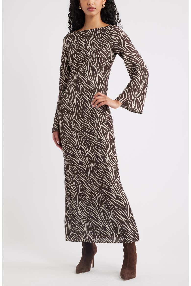 Print Long Sleeve Drape Back Dress, Main, color, BROWN ANIMAL STRIPES