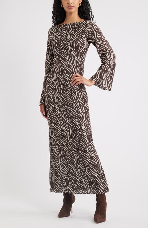 Print Long Sleeve Drape Back Dress