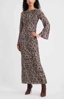 Print Long Sleeve Drape Back Dress