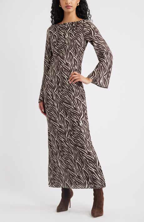 Print Long Sleeve Drape Back Dress