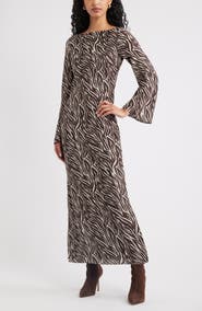 Open Edit Print Long Sleeve Drape Back Dress