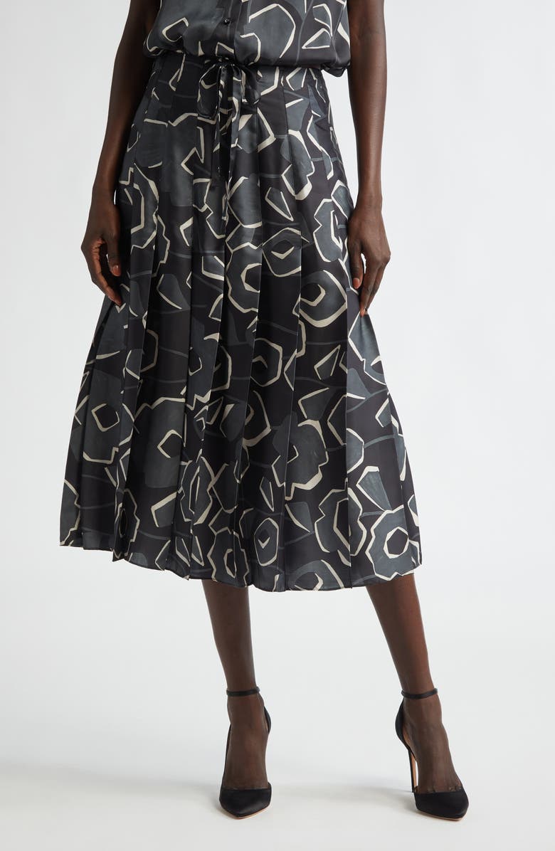 ST. JOHN Pleated Cubist Floral Midi Skirt, Main, color, 