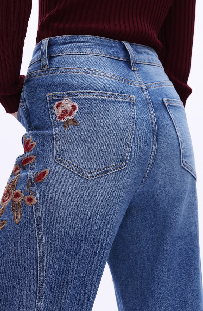 Bayeas Floral Embroidered High Waist Wide Leg Jeans, Alternate, color, Medium Blue