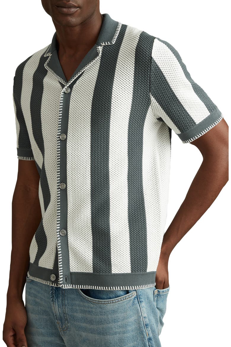 Naxos Open Knit Camp Shirt, Main, color, ARGENTO/ OPTIC WHITE