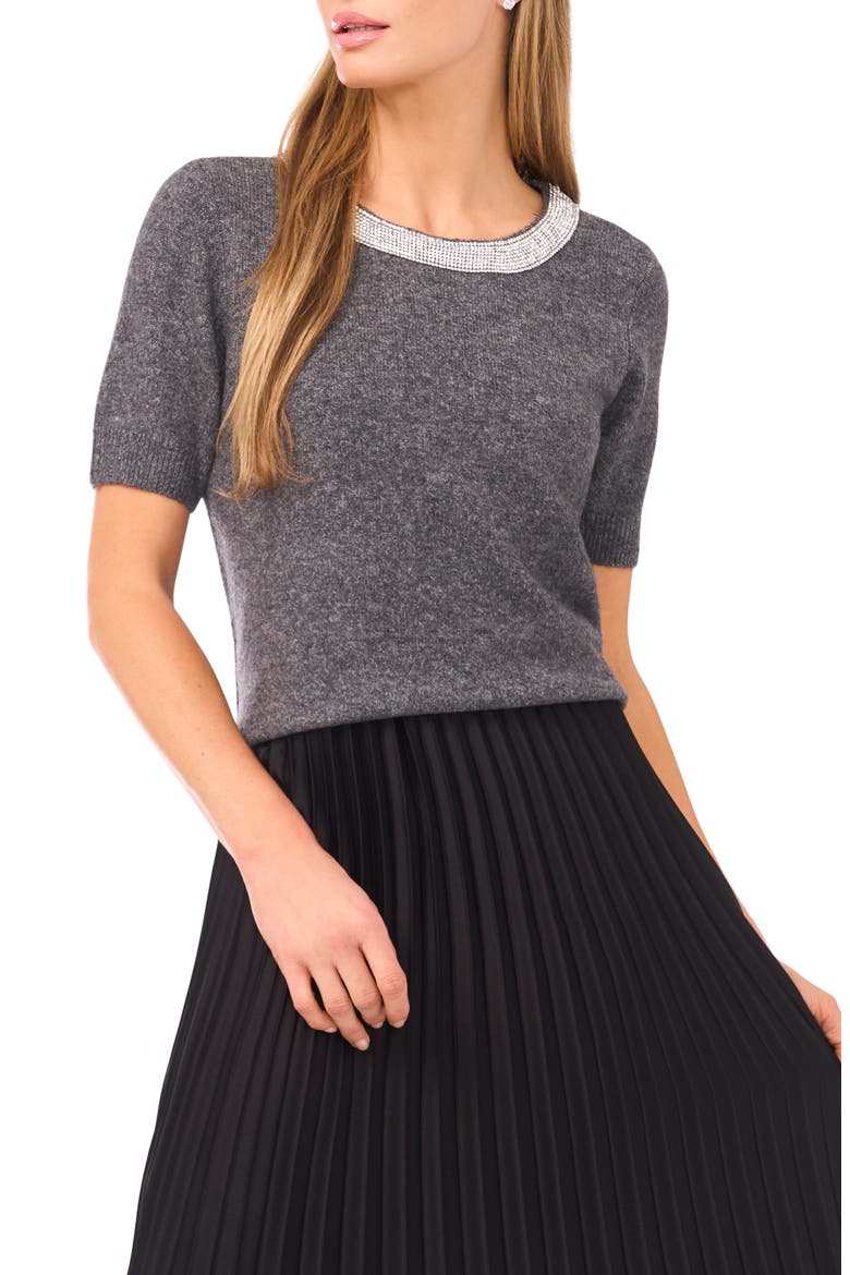 Rhinestone Collar Short Sleeve Sweater, Main, color, MEDIUM HEATHER GREY