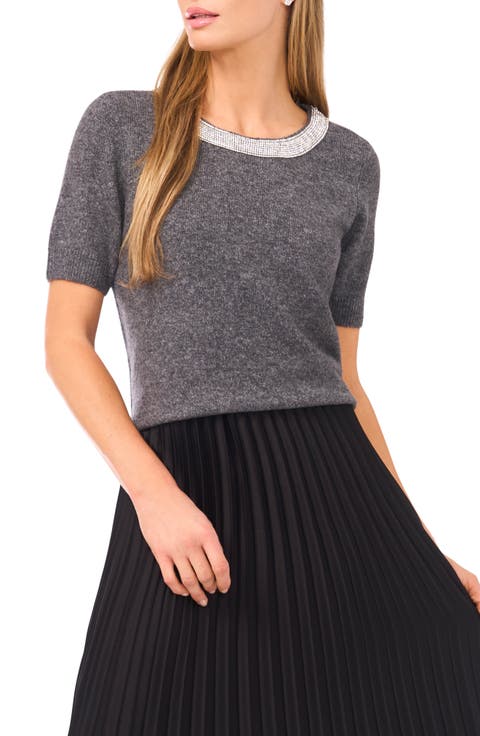 Rhinestone Collar Short Sleeve Sweater (Regular & Petite)
