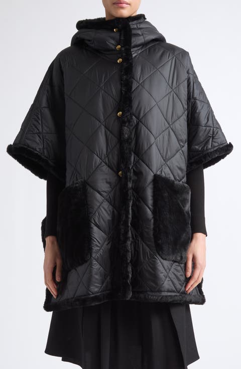 Quilted Faux Fur Trim Cape