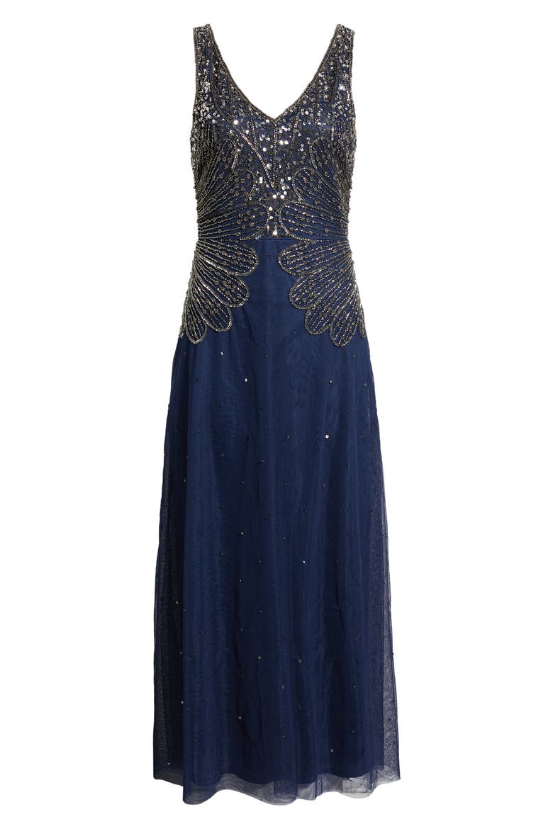 Beaded Sleeveless Chiffon Dress, Alternate, color, DENIM