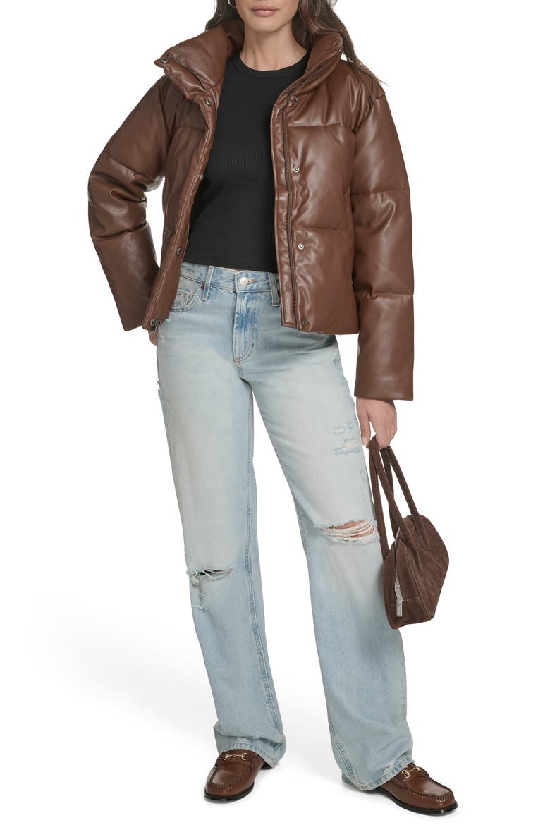 Faux Leather Puffer Jacket, Alternate, color, DARK BROWN