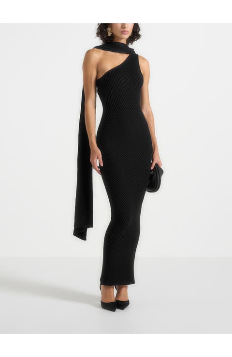 Laya Asymmetric Knit Midaxi Dress With Scarf