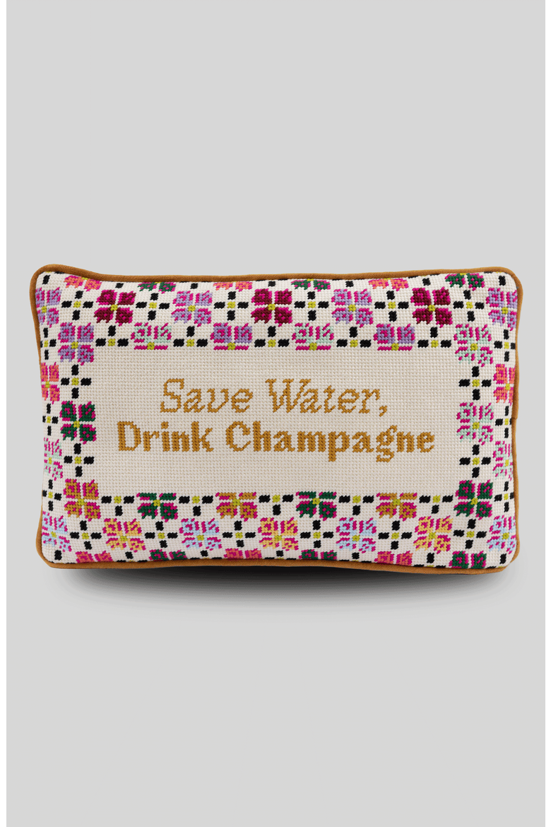 Drink Champagne Needlepoint Pillow, Main, color, Mustard Yellow