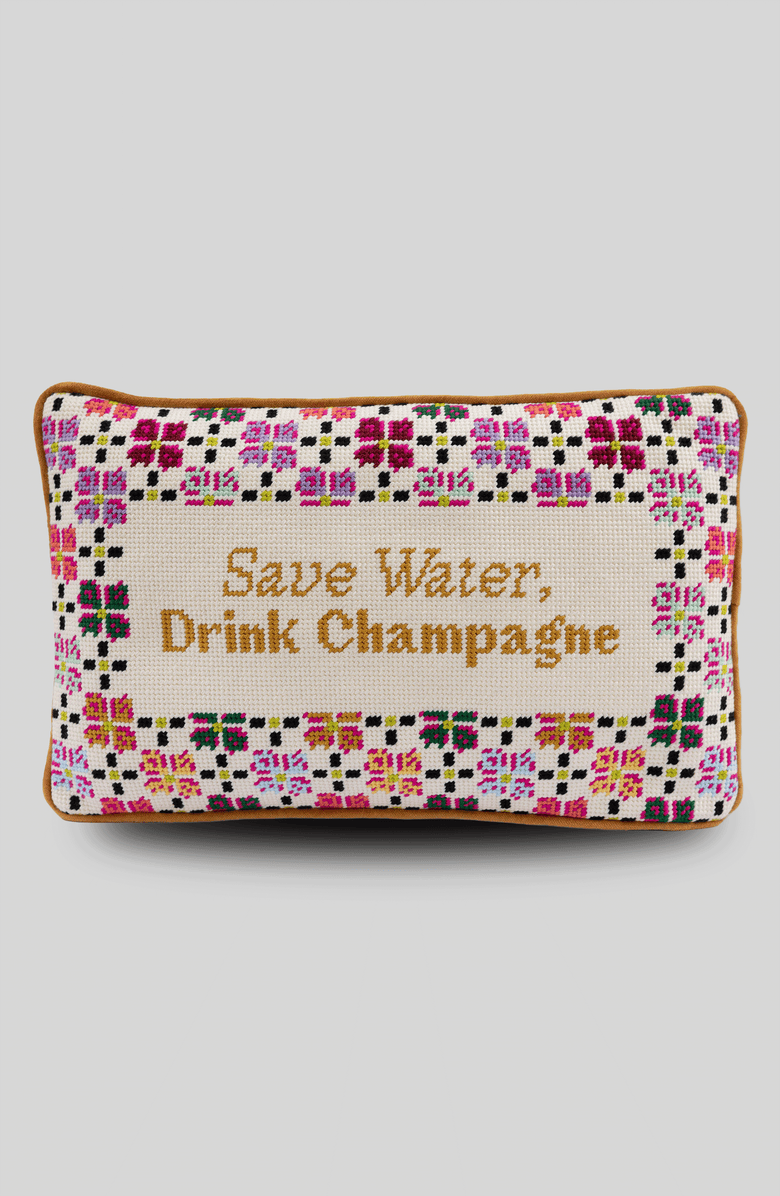 Furbish Drink Champagne Needlepoint Pillow, Main, color, Mustard Yellow