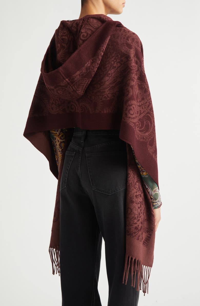 Etro Hooded Wool Paisley Fringe Scarf, Alternate, color, Burgundy