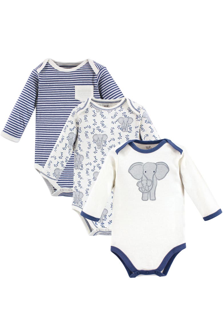 3Pk Long Sleeve Organic Bodysuits, Main, color, Elephant