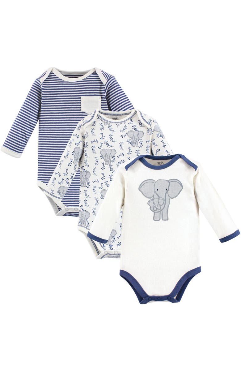Touched by Nature 3Pk Long Sleeve Organic Bodysuits, Main, color, Elephant