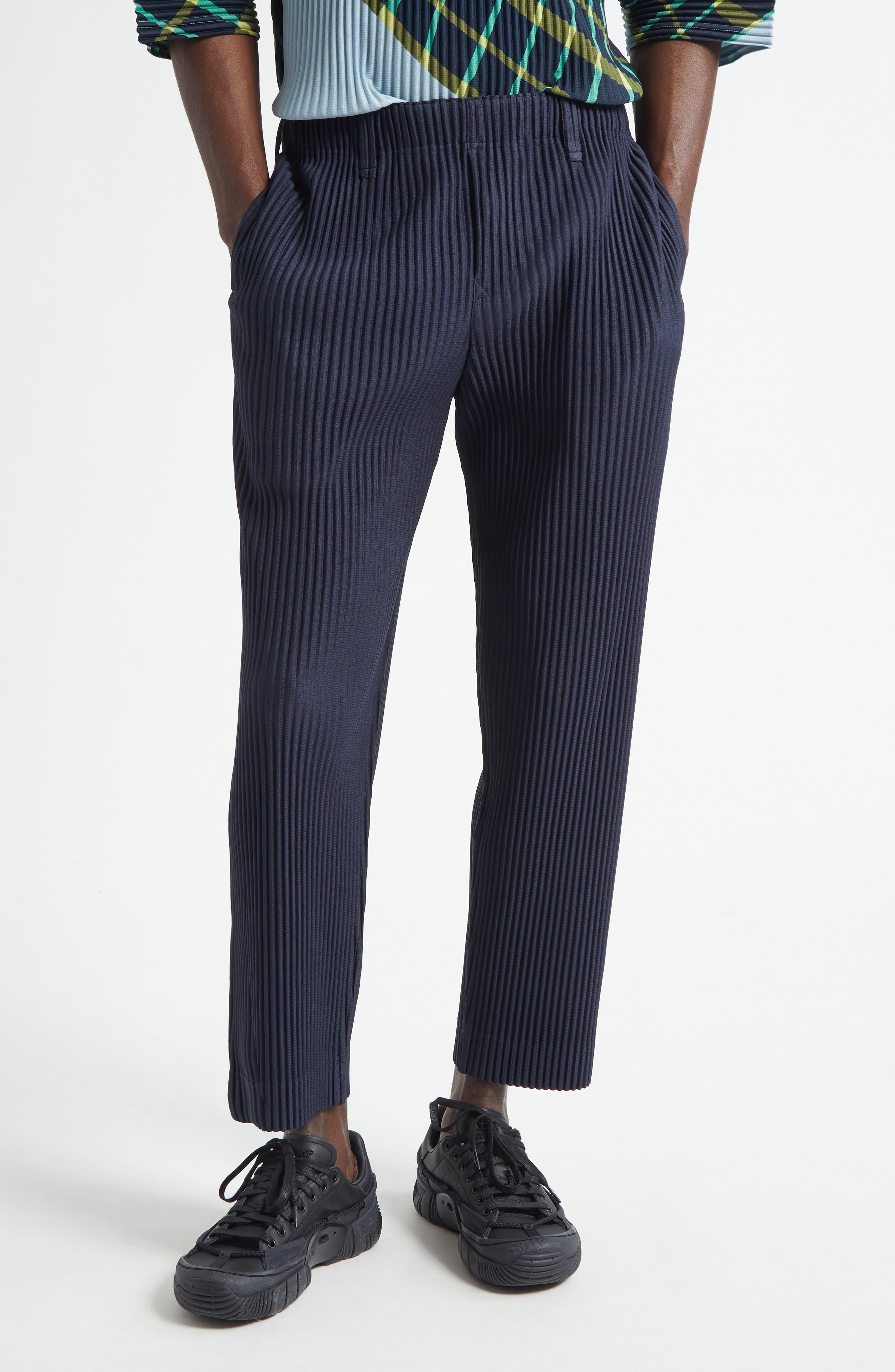 パンツ homme plisse issey miyake basics 2 navy Basics Pleated Straight Leg Pants (Men) | Nordstrom
