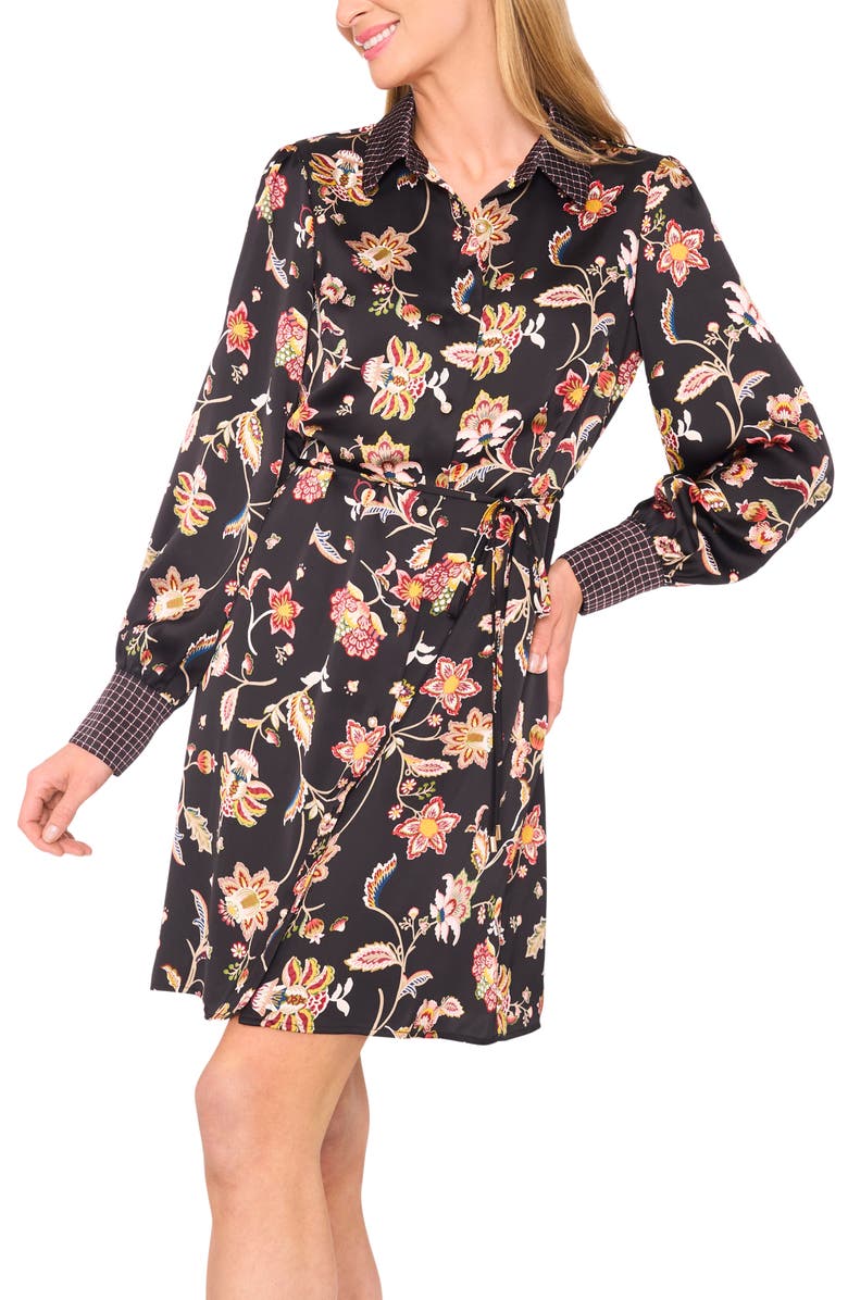 CeCe Mixed Print Tie Waist Long Sleeve Shirtdress, Alternate, color, Rich Black